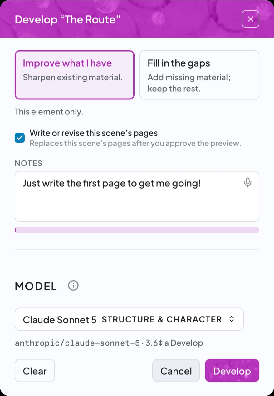 Develop The Route: Improve what I have is selected, with a note asking, Just write the first page to get me going. Changes require preview approval.