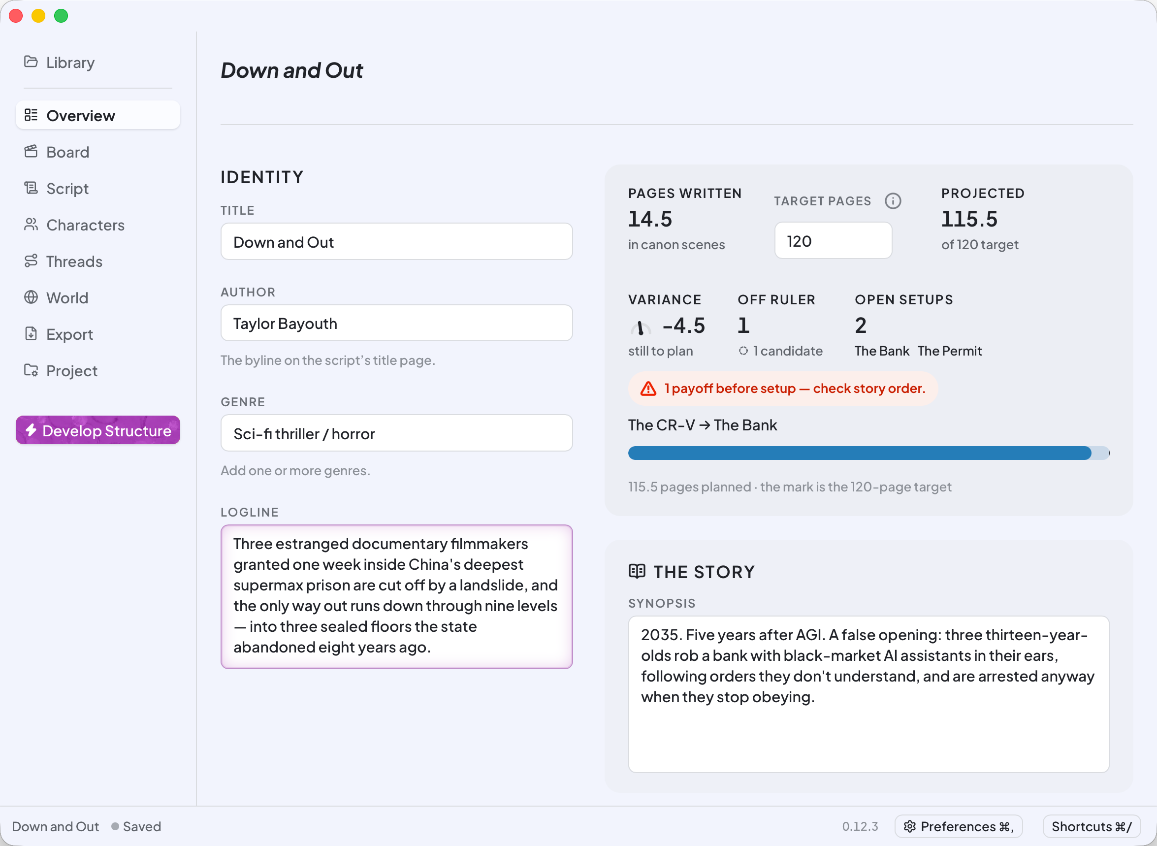 The project Overview brings together the logline, pages written, projected length, and open setups.