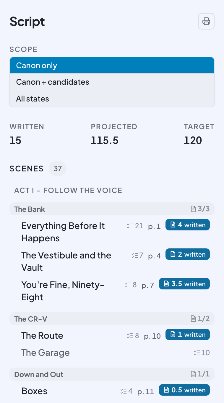 The Script outline groups scenes by sequence, with beat counts, page positions, and written-page badges showing the draft’s progress.