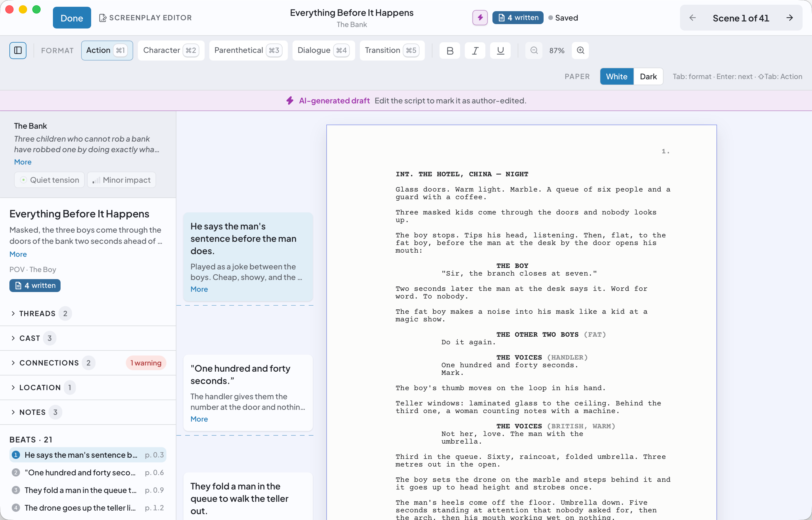The screenplay editor keeps scene details and beat cards alongside the script, with the current beat highlighted beside the page.
